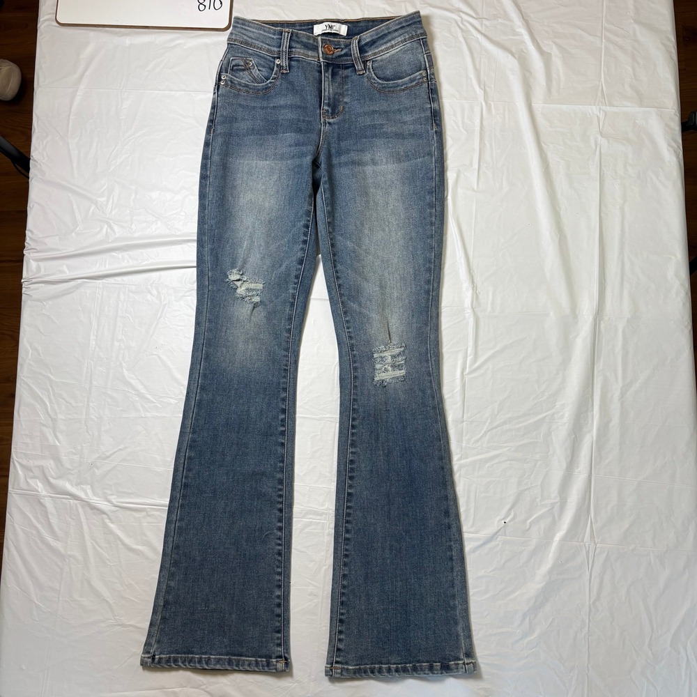 YMI Womens Distressed Flare‎ Jeans Medium Wash Mid Rise Stretch Size 1/25